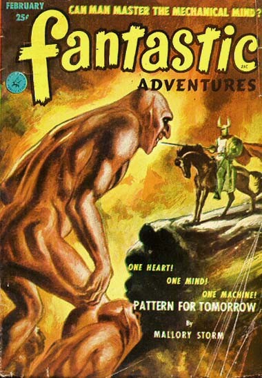 Giant Humanoid Confronts Armored Rider – Fantastic Adventures Feb 1952