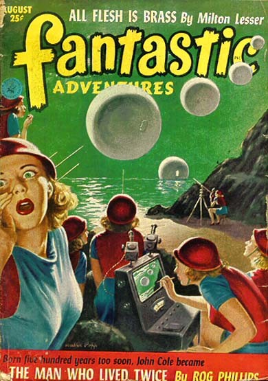 Fantastic Adventures Aug 1951 — Alien Spheres Over Terrified Onlookers