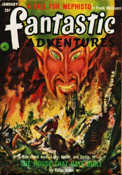Demonic Mephisto Looms Over Burning City — Fantastic Adventures, January 1952