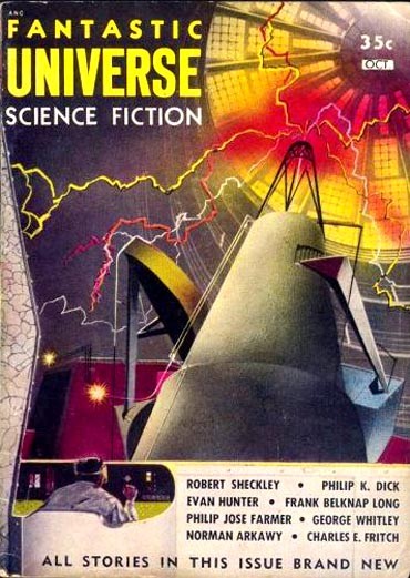 Fantastic Universe Oct 1956 — Colossal Energy Machine Struck by Lightning