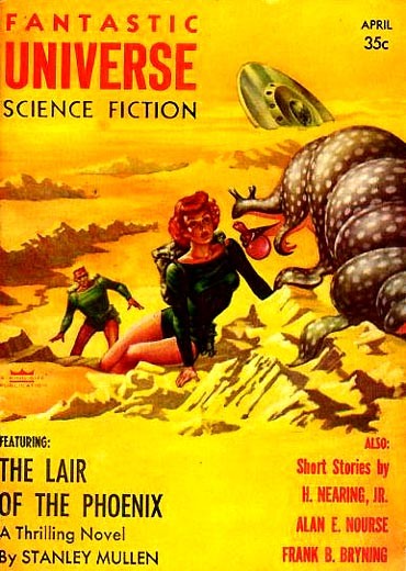 Fantastic Universe April 1957 — Beetle Alien Menaces Redhead on Desert World
