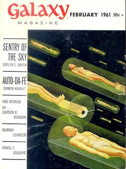 Galaxy Magazine Feb 1961 – Human Figures in Suspended Animation Sleep Pods