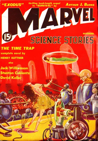Marvel Science Stories Nov 1938 – Mad Scientist's Ray Trap with Levitating Captives
