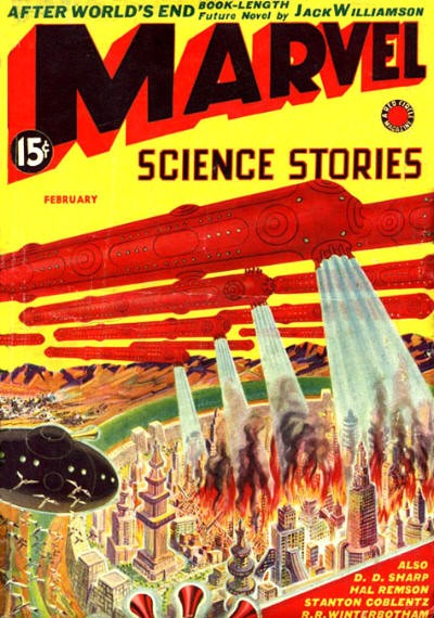 Marvel Science Stories Feb 1939: Aerial Warships Bombard Futuristic City