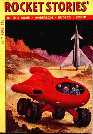 Rocket Stories July 1953 — Six-Wheeled Mars Rover at Launch Site