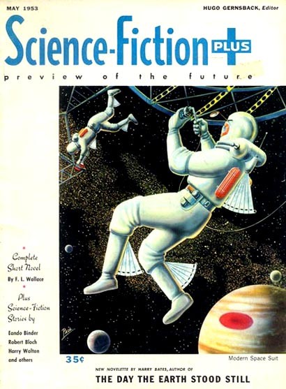 Science-Fiction Plus May 1953 — Astronauts in Modern Space Suits Near Jupiter