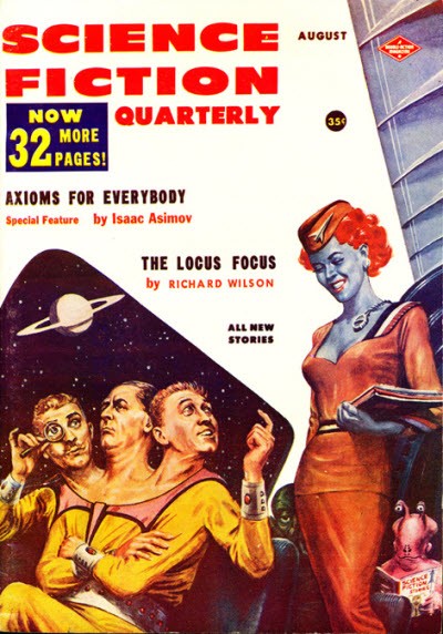 Blue Alien Stewardess Serves Bewildered Earthmen, Science Fiction Quarterly August