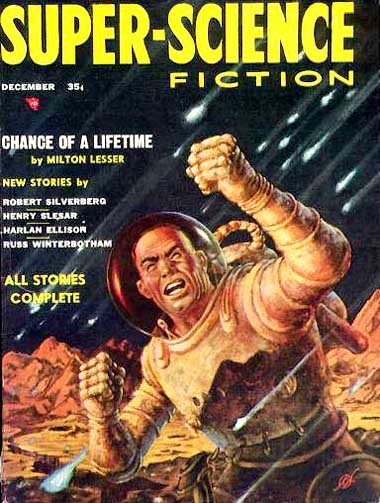 Super-Science Fiction Dec 1956 — Spaceman Under Meteor Barrage Cover