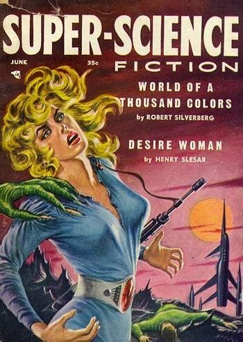 Super-Science Fiction June 1958 – Woman Attacked by Alien, Ray Gun