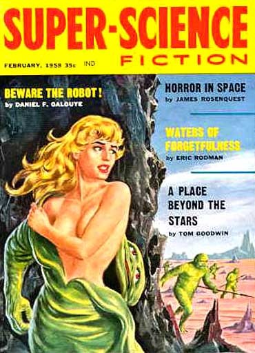 Super-Science Fiction Feb 1959 — Blonde Captive Flees Green Alien Hunters