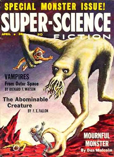 Super-Science Fiction April 1959 — Tentacled Monster Attacks Astronauts on Alien World