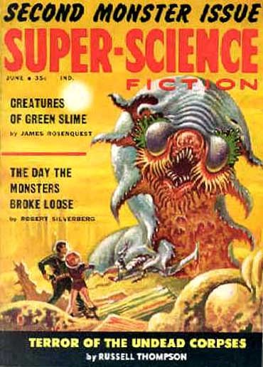 Super-Science Fiction June 1959 Monster Cover: Green Slime Creature Attacks