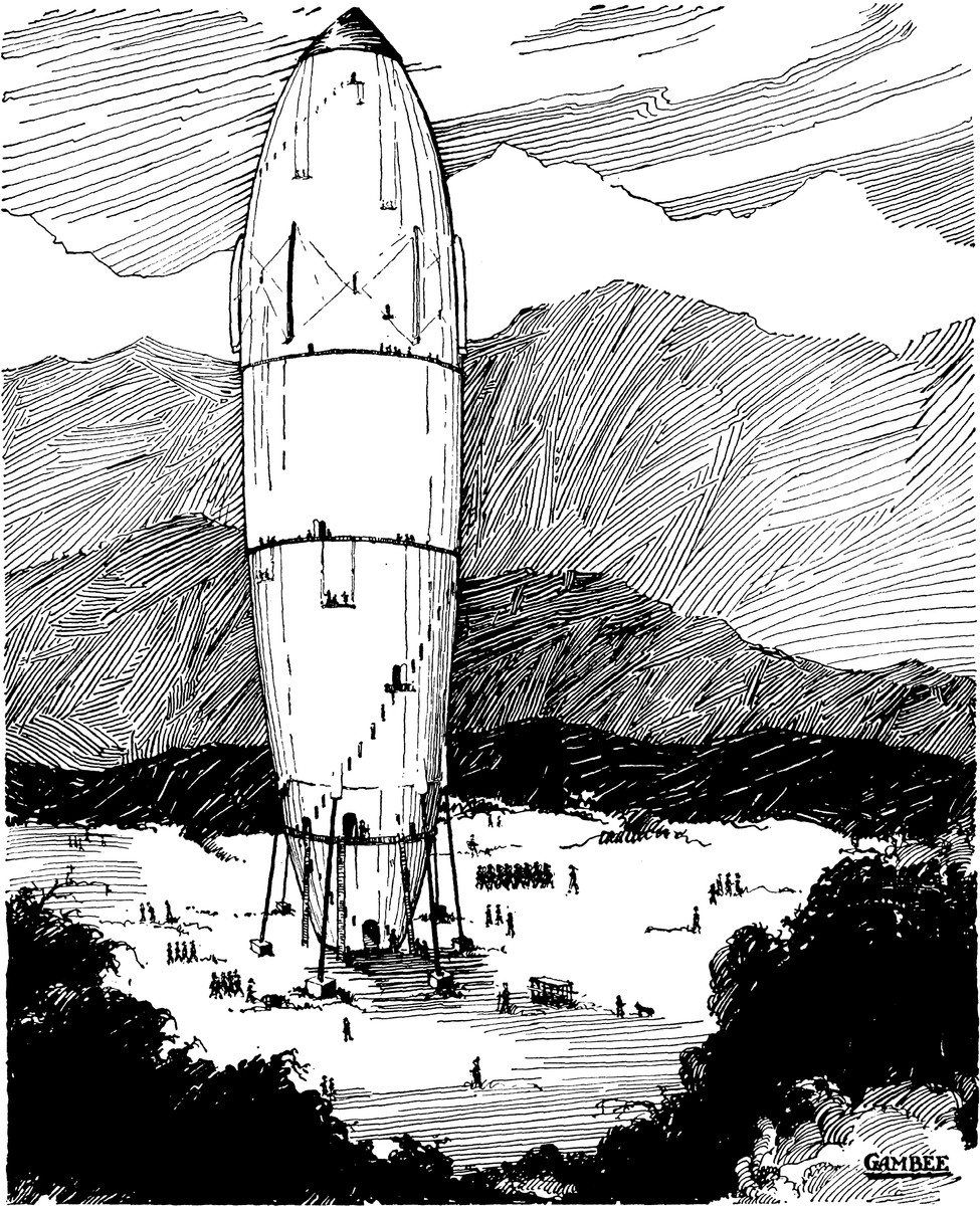 Gambee's Giant Space Rocket on Launch Gantry, Early Sci-Fi Pen-and-Ink