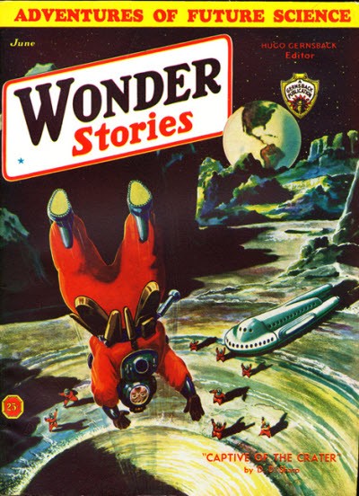 Wonder Stories June 1932 – Spacewalkers Over Lunar Crater, Frank R. Paul