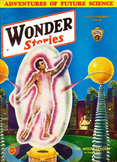 Wonder Stories 1931: Glowing Human Figure in Energy Cocoon, Hugo Gernsback
