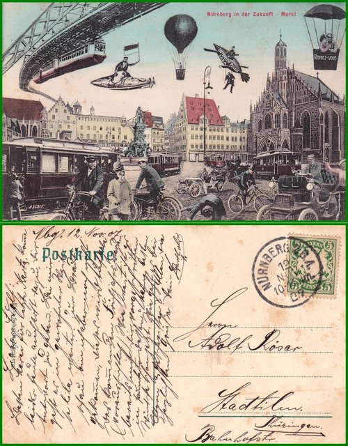 Nürnberg in der Zukunft – Markt: 1907 German Futurist Postcard