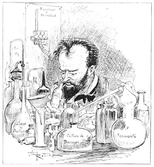 Albert Robida's Mad Scientist with 'Revolver à Microbes' — Victorian Satirical Caricature
