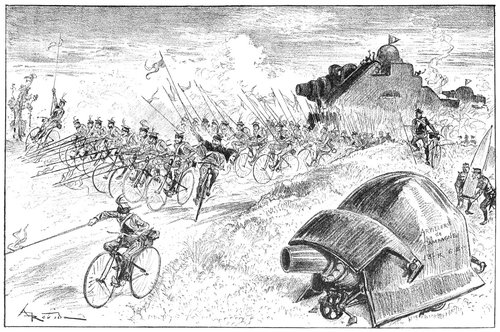 Albert Robida's Future Warfare — La Vie Électrique Bicycle Army vs. Armored Tanks