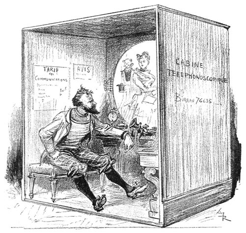 Albert Robida's Cabine Téléphonnoscopique – La Vie Électrique, c.1890
