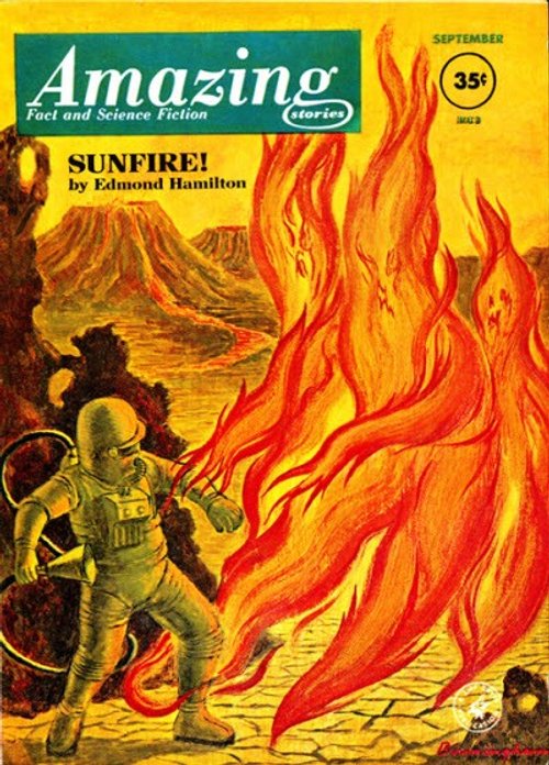 Amazing Stories Sept 1958 – Astronaut vs. Fire Beings, 'Sunfire!' by Edmond Hamilton