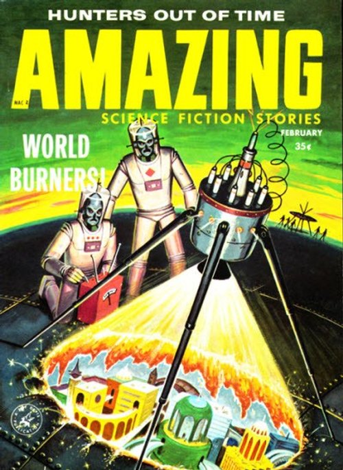 Amazing Stories Feb 1958 – Armored Giants Incinerate City with Death Ray