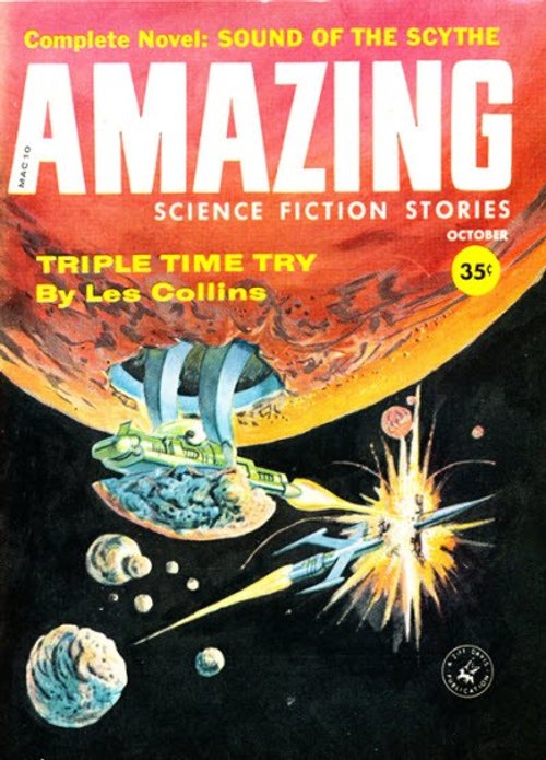 Space Battle Over Alien Planet, Amazing Science Fiction Stories October 1950s