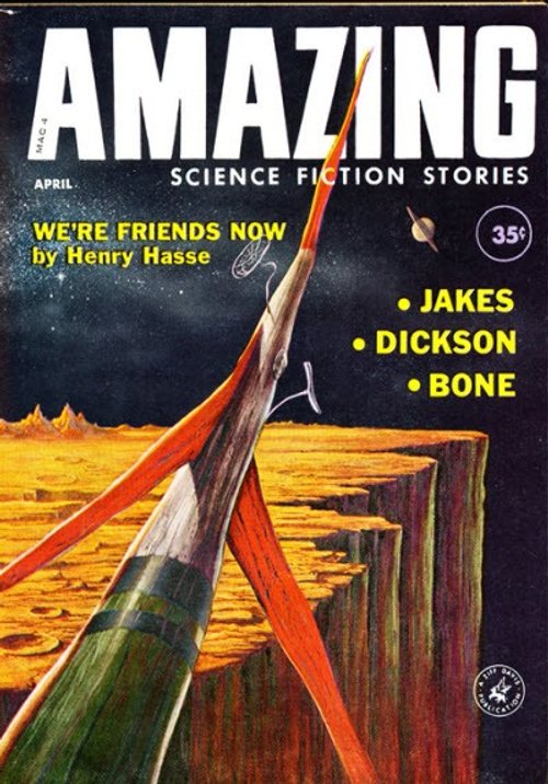 Amazing Science Fiction Stories April 1958 — Alien Canyon Spacecraft Cover