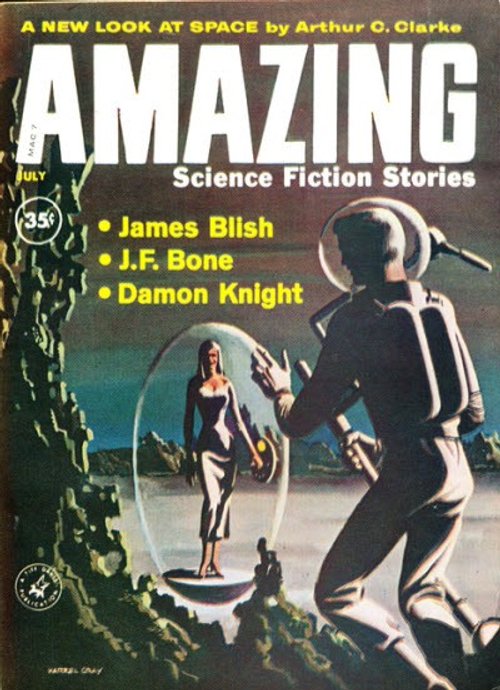 Amazing Stories July 1958 – Astronaut Encounters Alien Woman in Force Bubble