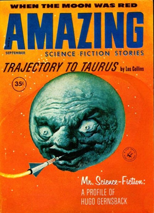 Amazing Stories September 1958 — Leering Moon Face Swallows Rocket, Trajectory to Taurus