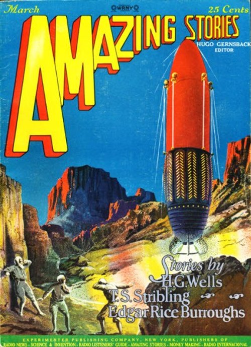 Amazing Stories March 1928 — Rocket Canyon Launch, Wells & Burroughs Issue