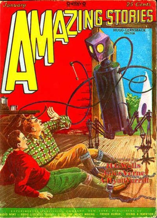 Amazing Stories January 1927 — Robot Menaces Fallen Man, Hugo Gernsback