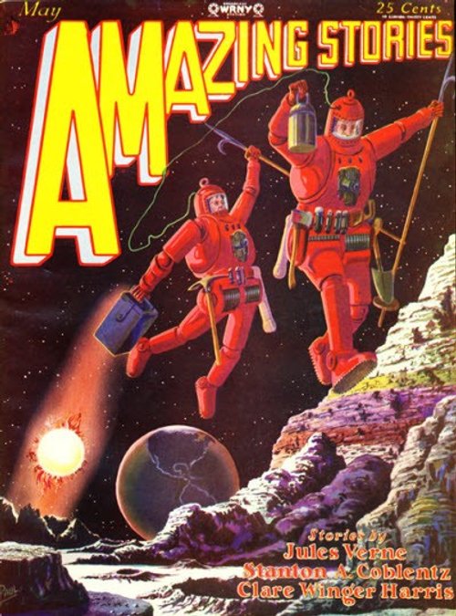Amazing Stories May 1928 – Space-Suited Astronauts Leap Over Lunar Terrain