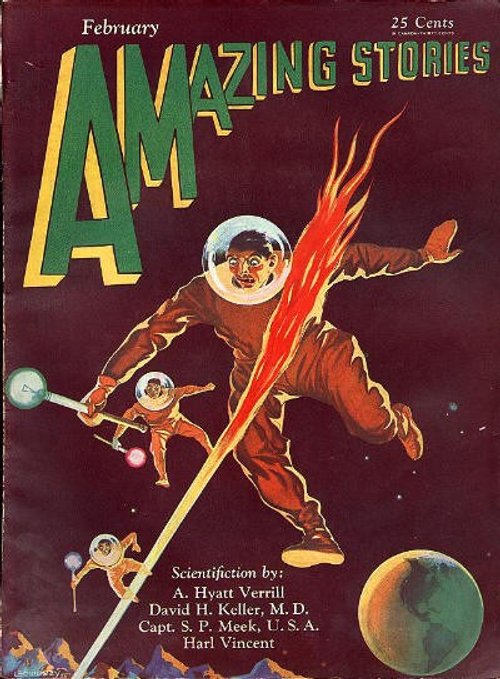 Amazing Stories February 1930 — Astronauts on a Space Tether, Pulp Cover Art