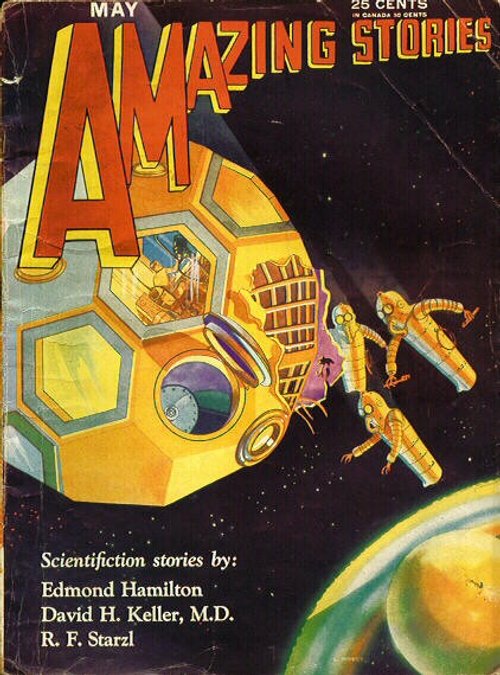 Robotic Spacewalkers Outside Honeycomb Spacecraft, Amazing Stories May 1930s