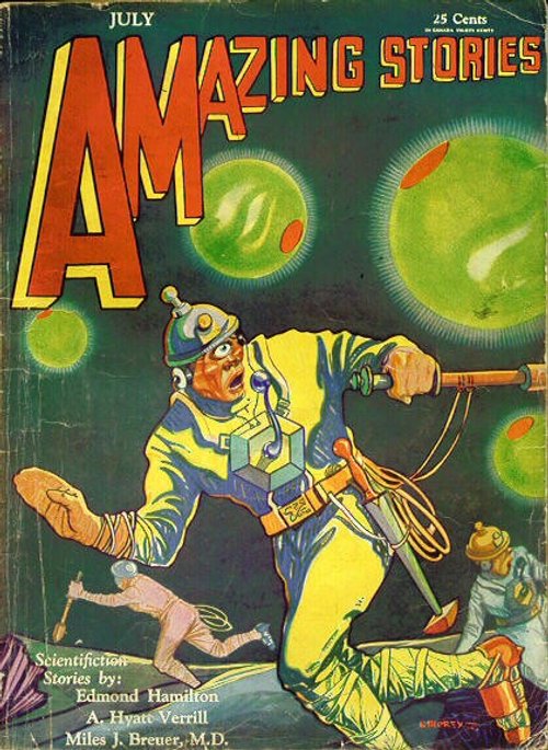 Amazing Stories July 1931 — Astronaut Battles Green Alien Orbs in Deep Space