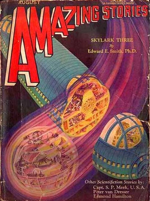 Amazing Stories August 1930 — Skylark Three Speeding Spherical Vessels