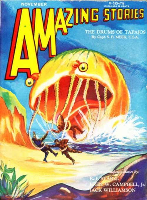 Giant Alien Blob Attacks Swimmers – Amazing Stories November Pulp Cover