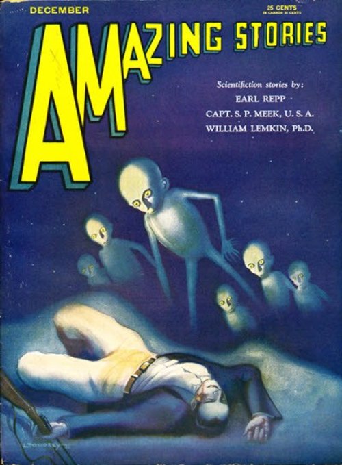Grey Aliens Surround Unconscious Man, Amazing Stories December 1930s Cover