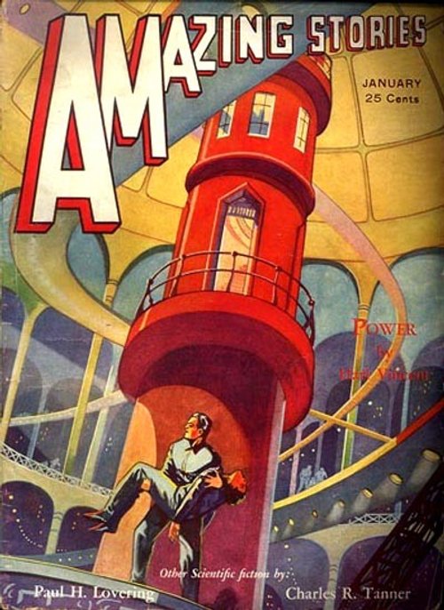 Amazing Stories January Cover: Man Carried Up Luminous Tower Shaft