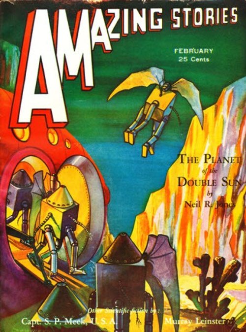 Amazing Stories Feb 1932 – Robots & Winged Alien on Double Sun Planet