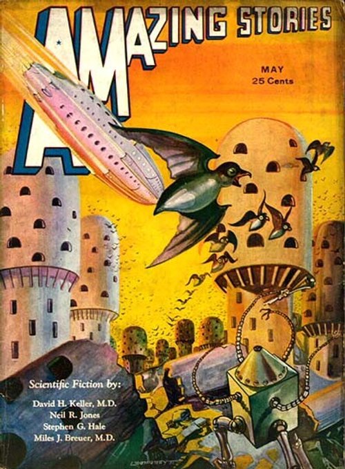 Giant Bat-Creature Attacks Futuristic City, Amazing Stories May 1930s