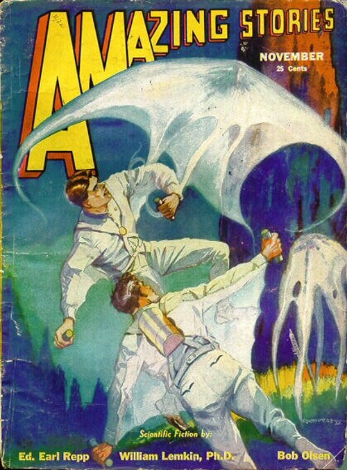 Amazing Stories Nov 1930s — Men Battle Luminous Ghost Creature