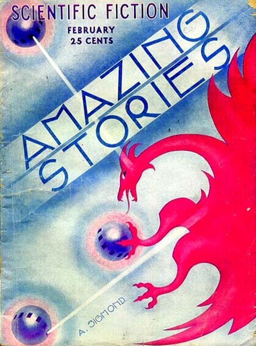 Crimson Dragon Clutches Cosmic Sphere, Amazing Stories February Cover