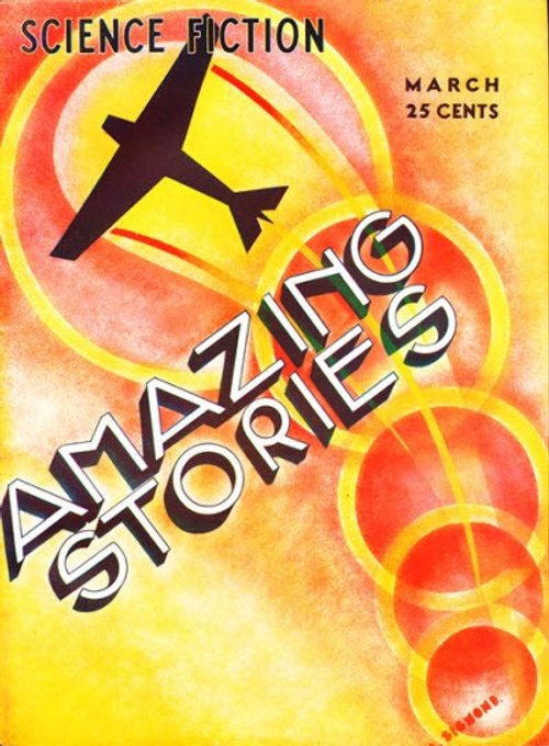 Amazing Stories March Issue Cover — Abstract Airplane Over Glowing Spheres, 1930s