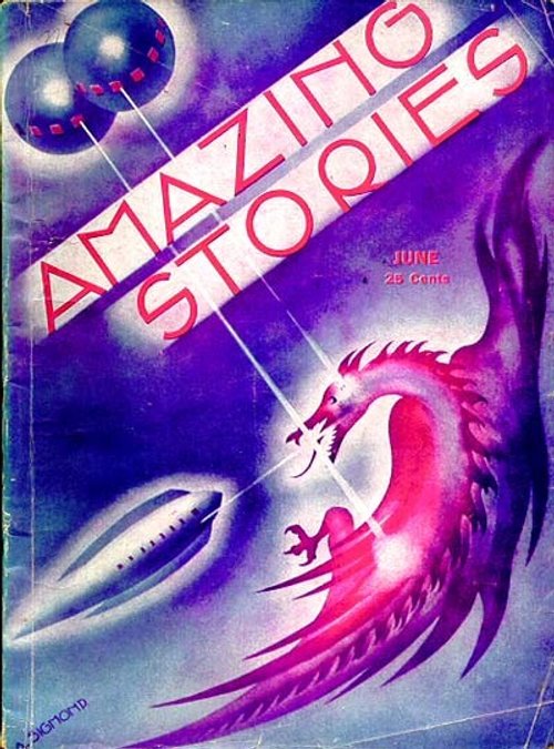 Amazing Stories June 1939: Dragon vs. Spaceship in Cosmic Purple Clash