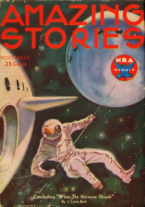 Spacewalking Astronaut Tethered in Void, Amazing Stories November 1933