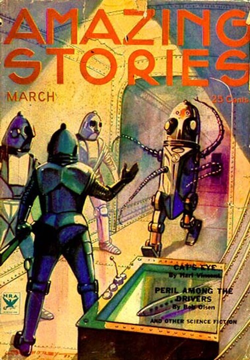 Amazing Stories March 1934 — Armored Humans Confront Antenna Robot