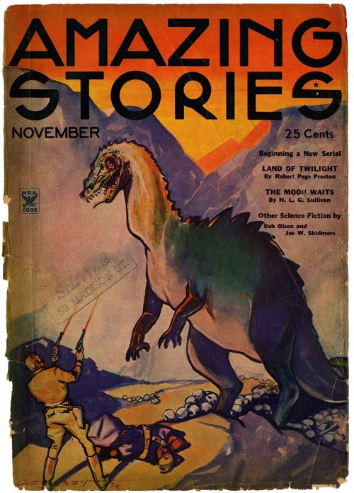 Dinosaur Nest Attack, Amazing Stories November 1934 Cover
