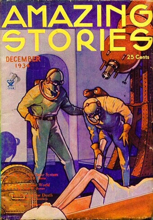 Amazing Stories Dec 1934 — Spacesuited Figures in Zero-G Interior Struggle