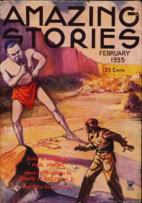 Primitive Man vs. Armored Alien, Amazing Stories February 1935 Cover